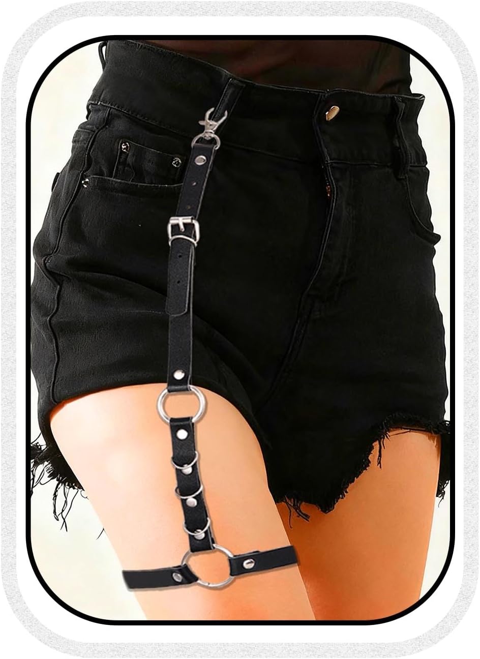 Black Thigh Garter Belt Punk Leather Leg Harness Thigh Straps Gothic Rave Accessories for Women
