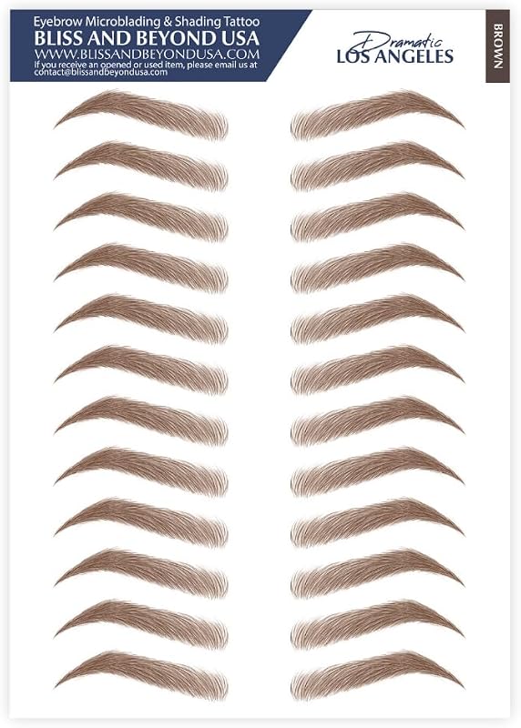 Bliss and Beyond USA Adesivos temporários para sobrancelhas com efeito microblading e shading, marrom