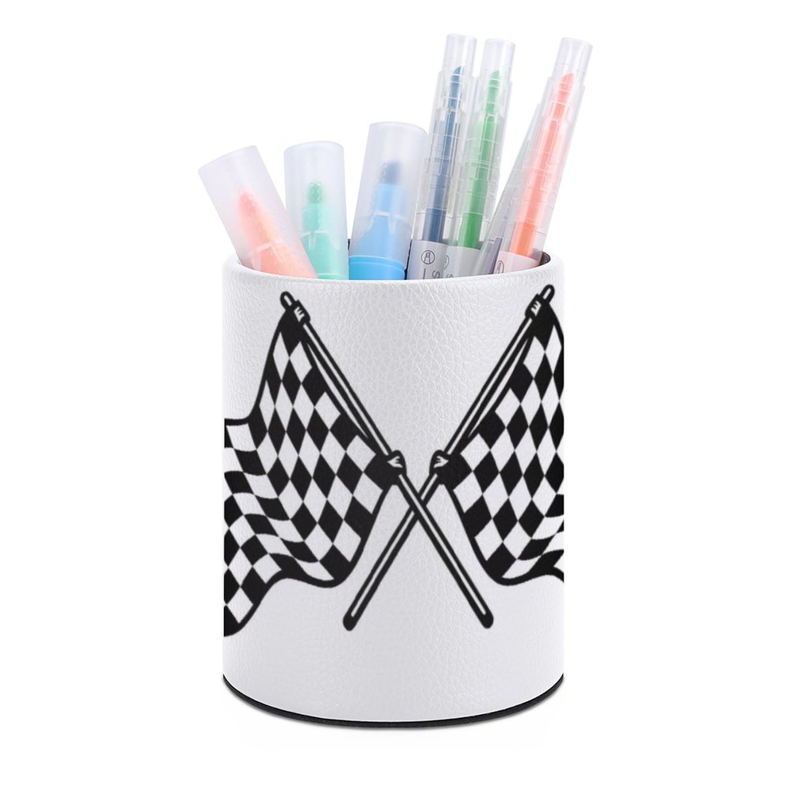 JTREHY Round Pen Holder,Checkered Flags Race Flag Printed Makeup Brush Storage Box for Home Office Dressing Table