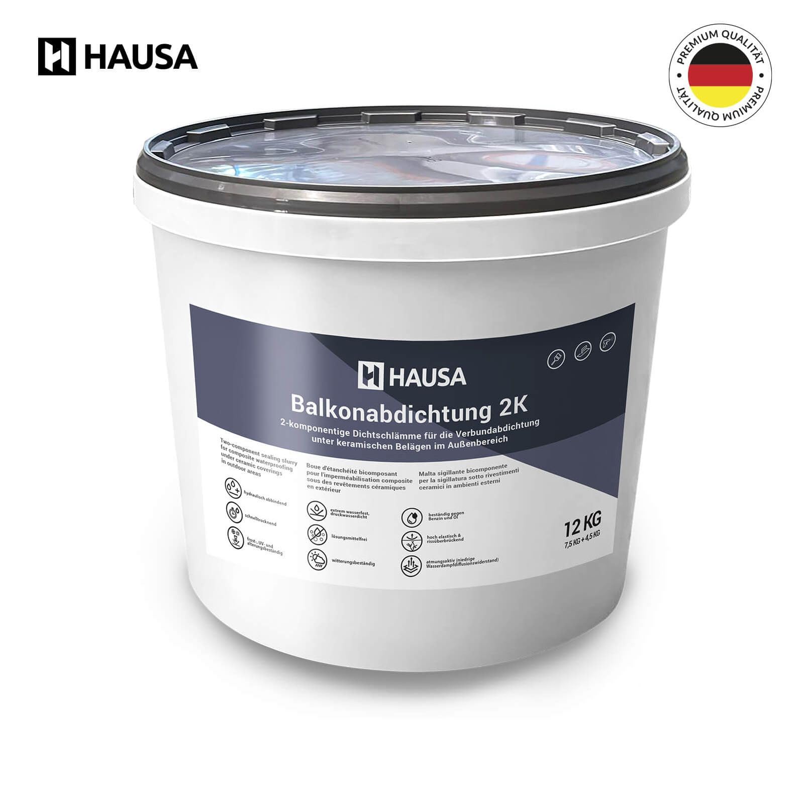 Hausa Balkonabdichtung 2K, 12kg flexible Dichtschlämme zur Abdichtung von Balkon, Terrasse, Bad, Dusche, Keller, Fundamente; Dichtungsmasse für Außenbereich, frost-, UV- und alterungsbeständig