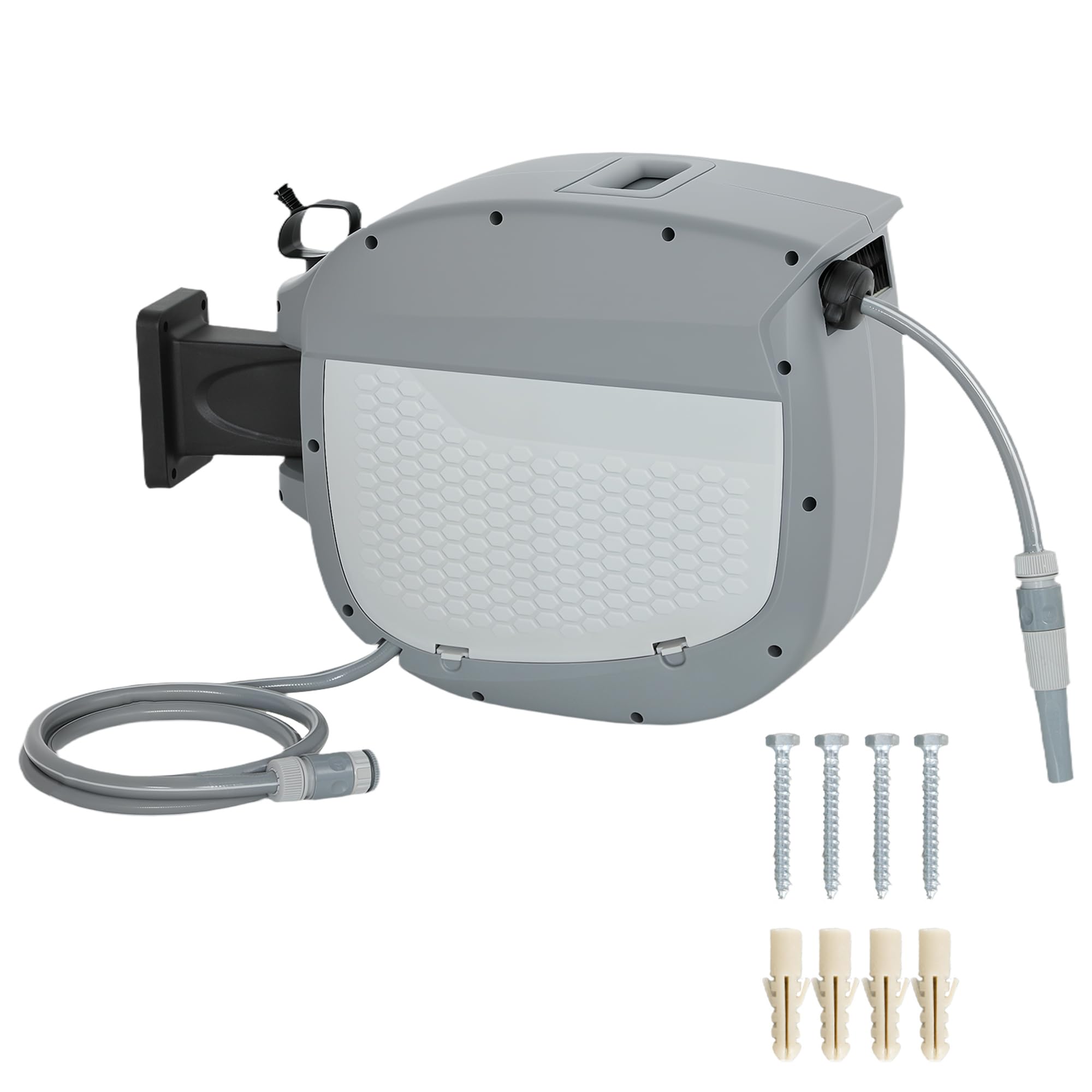 Outsunny Carrete de manguera de jardín 30m giratorio 180° gris | Caja de manguera, retracción automática, autoblocante, carrete de pared, carrete de agua.