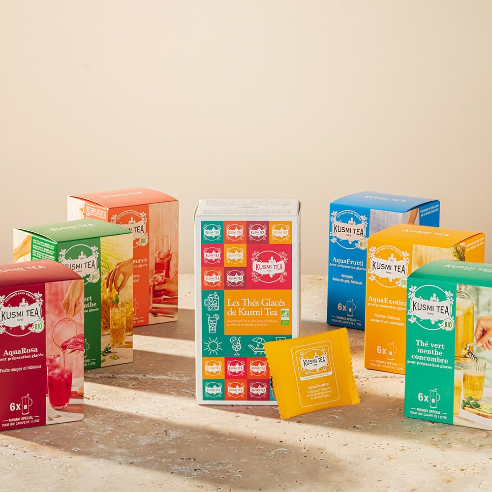 Kusmi Tea - Cofanetto “Tè freddi” - Assortimento di tè Biologico - Idea Regalo per Uomini e Donne - Infusi Aromatizzati, Ibisco, Rooibos, Tè Verde - 24 Bustine in 6 Diverse Varietà