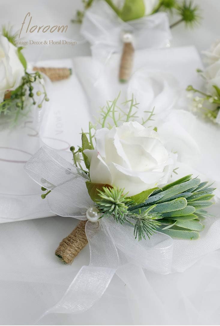 Floroom Set of 6 Ivory Rose Boutonnieres for Best Men Groom Groomsmen White Wedding Prom