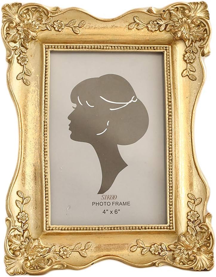 SIKOO 4x6 Vintage Gold Picture Frame Antique Victorian Tabletop Wall Mounting Ornate Photo Frame with High Definition Glass Front for Home Decor,Old Fashined Photo Gallery, Art(Gold)