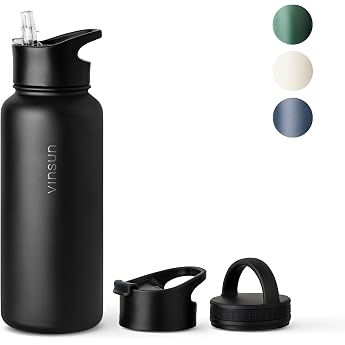 Vinsun Thermos Flask Black 1 L Leak-Proof Suitable for Carbonated Drinks BPA-Free Straw Drinking Opening Insulated Stainless Steel Drinking Bottle for Sports School Bike Office Camping