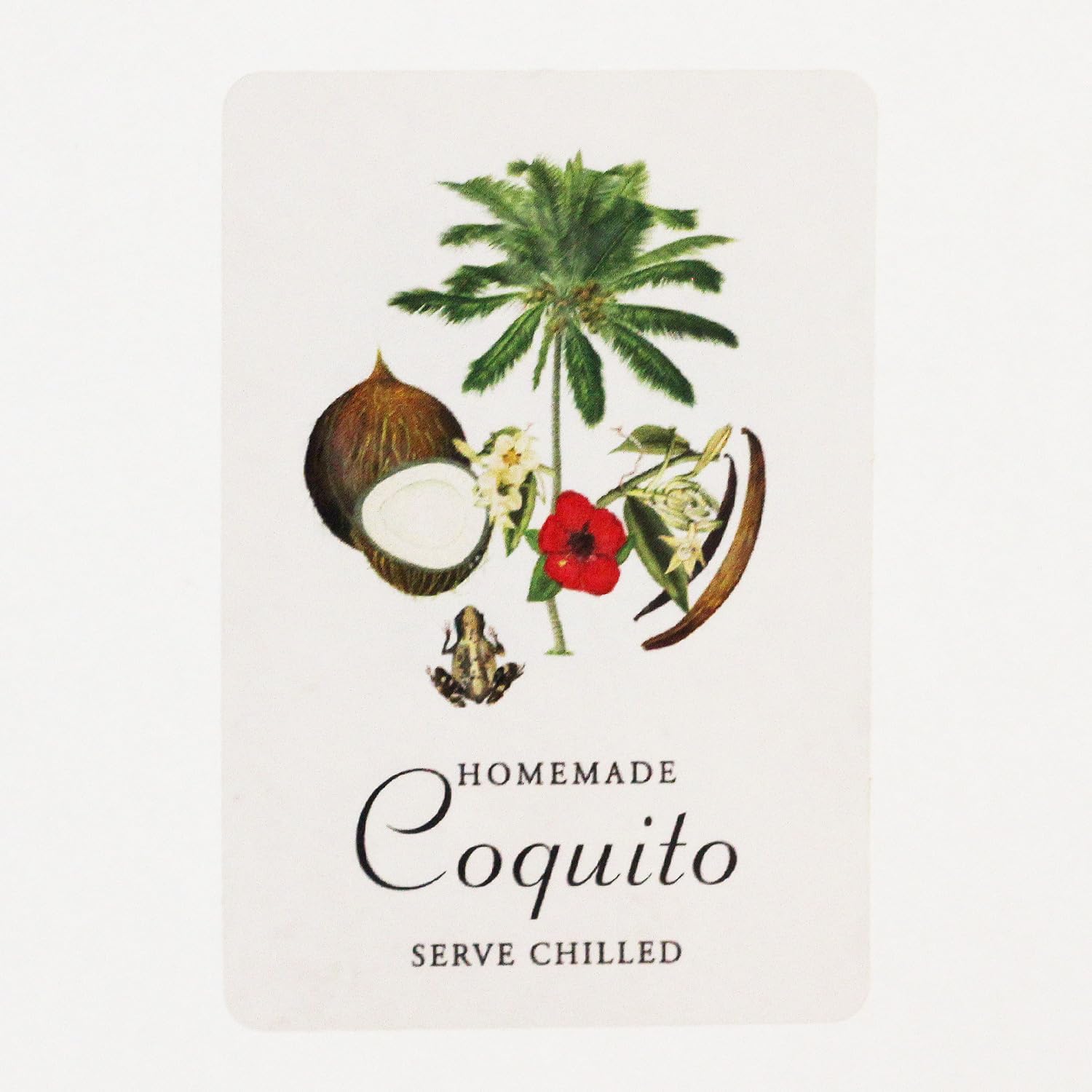 COQUITO (Hibiscus) Labels with Graphic of Coconut, Vanilla Bean, Palm Tree, Frog and Hibiscus. 2" Wide X 3" Tall (25)