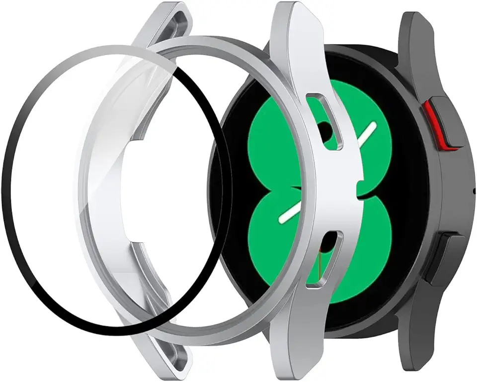 Capa Case Bumper Protetora com Película de Vidro Temperado Embutida Marca 123smart compativel com Galaxy Watch 4 e Watch 5 44mm SM-R870 R875 SM-R910 R915 - Prata