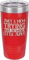 Vista 19 de Taza de viaje con texto en inglés "TRYING NOT RAISE LITTLE JERKS 20oz" con pajita grabada con láser, con divertidas citas, compara con Yeti Rambler