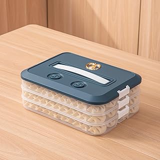 4-Layer Frozen Dumpling Storage with Lids & Timing, Flat Stacks Food Container Icing Cookies Deserts Wonton Donuts Box Organizer For Fridge, 1.18 Inches Net Height for Per Layer, Blue