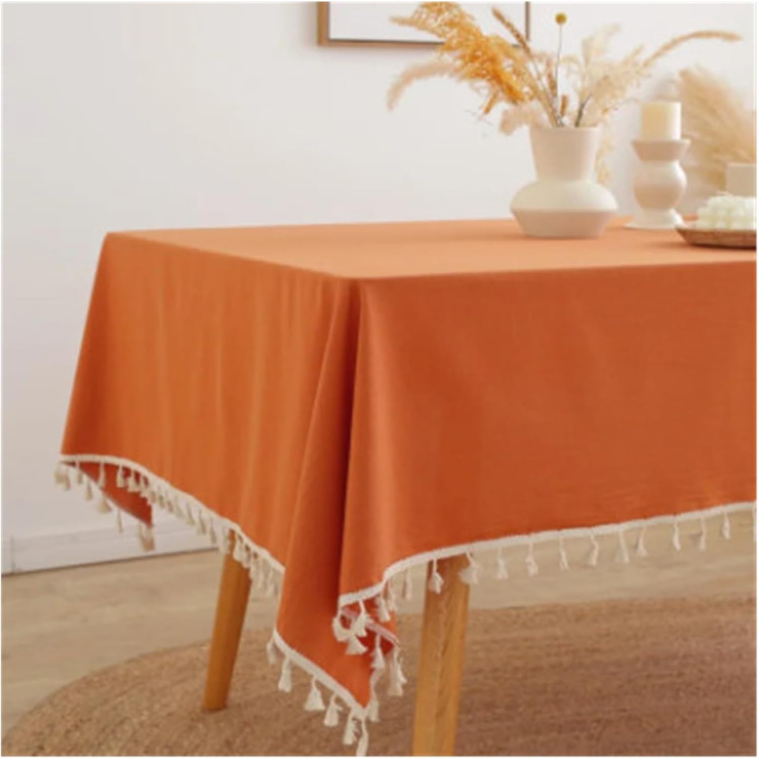 Solid Color Cotton Square Tablecloth Fabric Pompom Tassel Washable Table Cover Kitchen Dinning Picnic Holiday Decor(Grey 2,60X60cm)