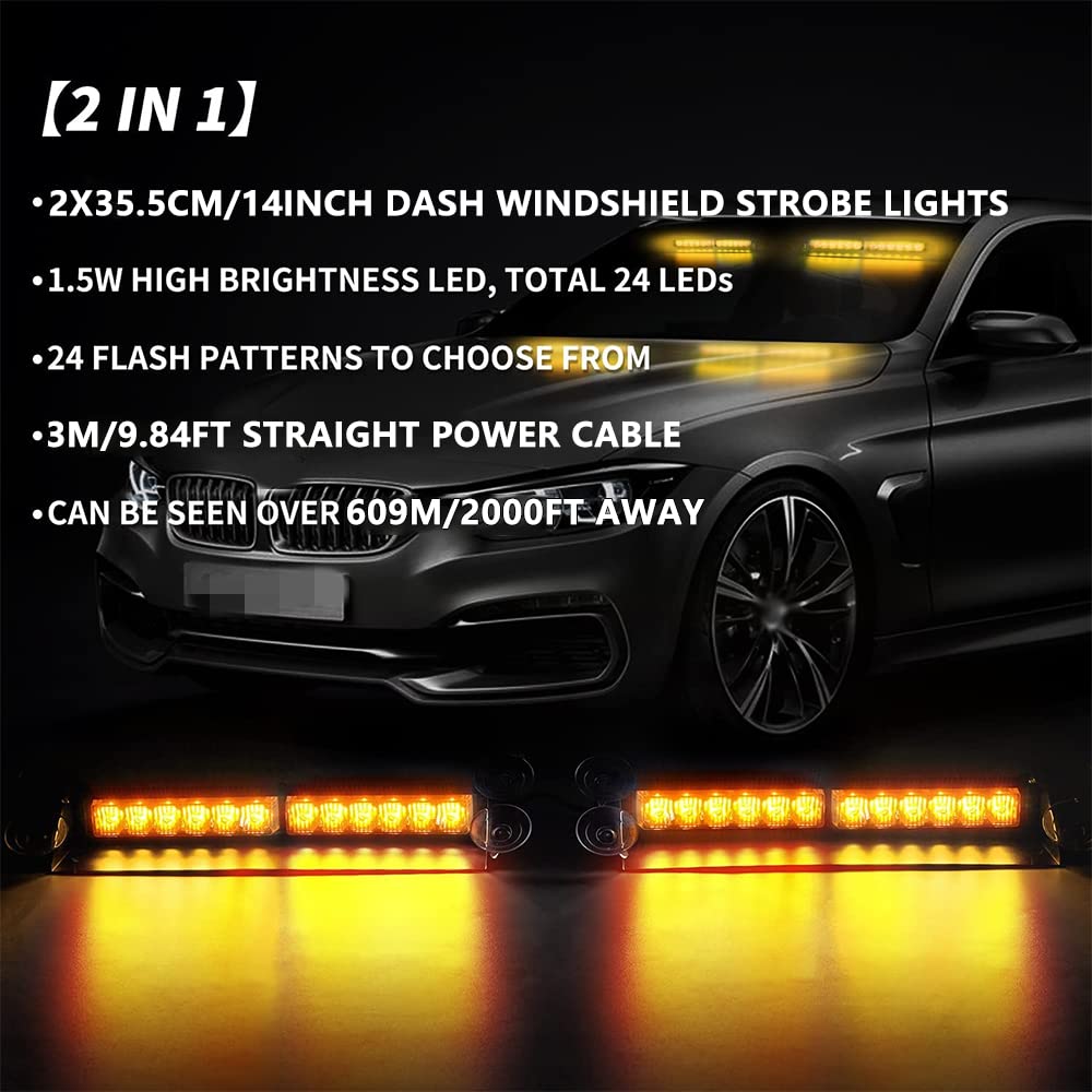 Riloer Barra de luces estroboscópicas de emergencia Dash 2 en 1 con 24 LED de alta intensidad y lentes ópticas Tir compatible con ámbar/blanco universal