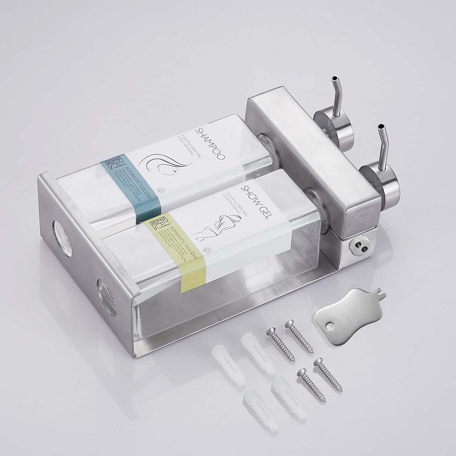 Shampoo, Conditioner, Body Wash Dispenser 2 Compartment Refillable Pump Bottle, Bathroom Wall Mounted Soap Dispenser Empty Bottle Dispenser Set (2 Compartments) - Image 6