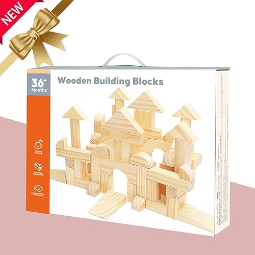 Miniatura 5 de Migargle Juego de bloques de construcción grandes de madera, juguetes educativos de aprendizaje preescolar con caja de almacenamiento de madera,