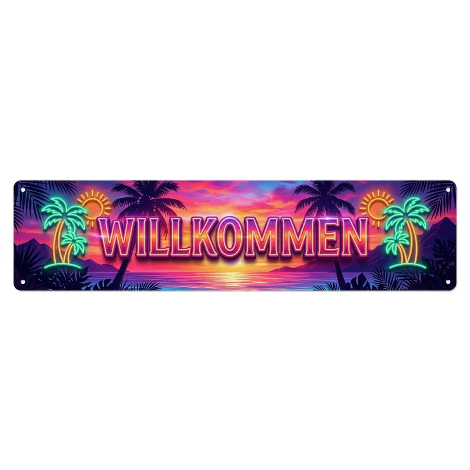 Neon Tropical Sunset Palm Welcome Metal Tin Sign