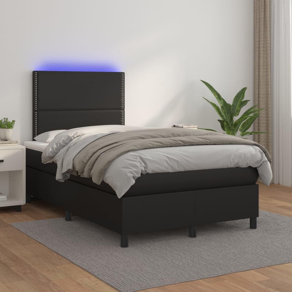 Ekoskóra LED regulowany zagłówek 120x200cm czarny | Łóżko kontynentalne z materacem 120x200 LED czarna ekoskóra z zagłówkiem regulowanym do sypialni