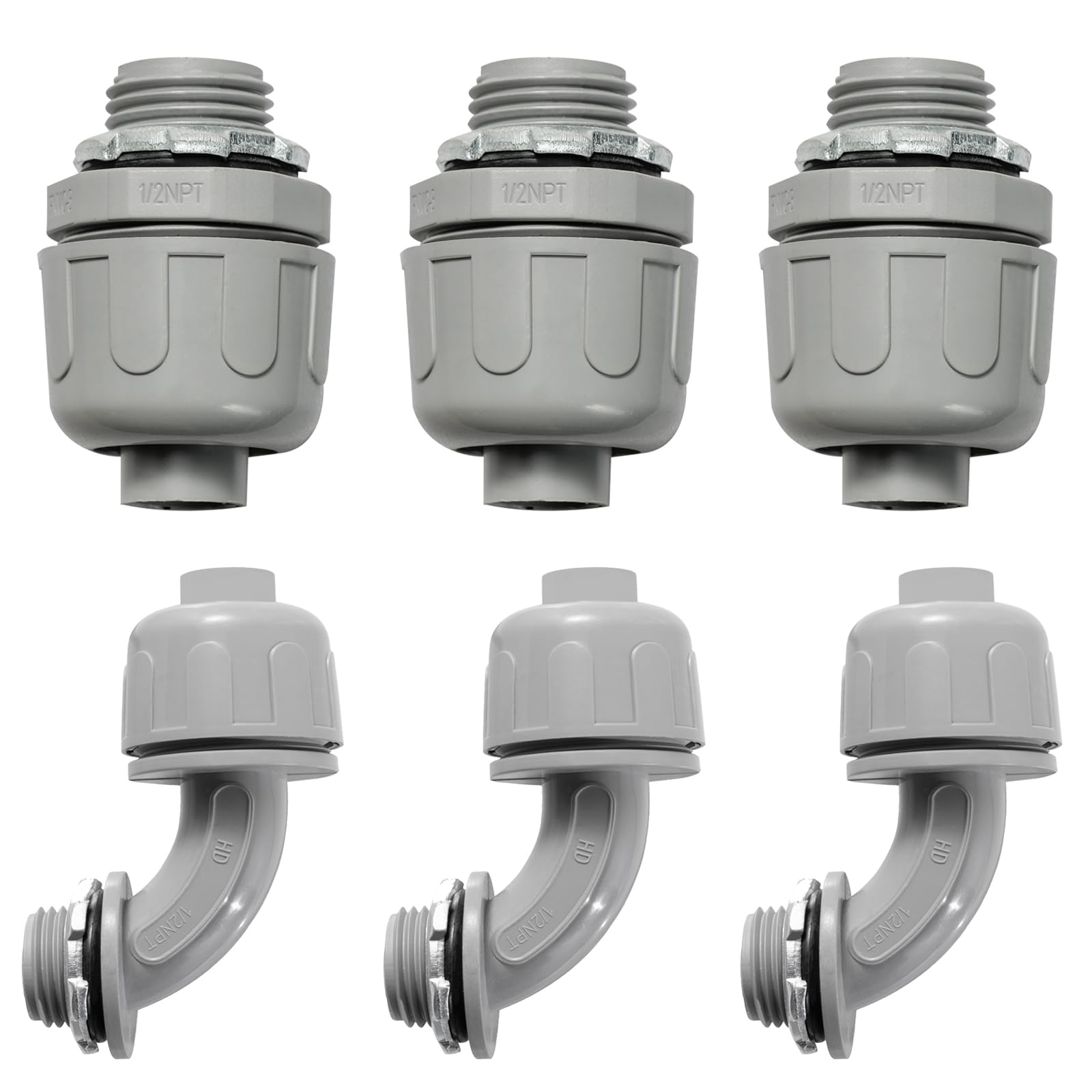 Conduit Connectors, 1/2 Inch Liquid Tight Connector NPT Non-Metallic for PVC Electrical Flexible Conduit Fittings, 3 Straight and 3 Angle 90 Degree, UL Listed, Grey (6-Pack)-image-39