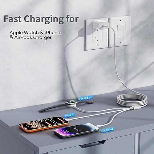 Miniatura 6 de Cable de carga Apple Watch 3 en 1, cable de carga magnético rápido de 1.8 m iWatch/USBC/Lightning a USB C y bloque de pared tipo C para iWatch