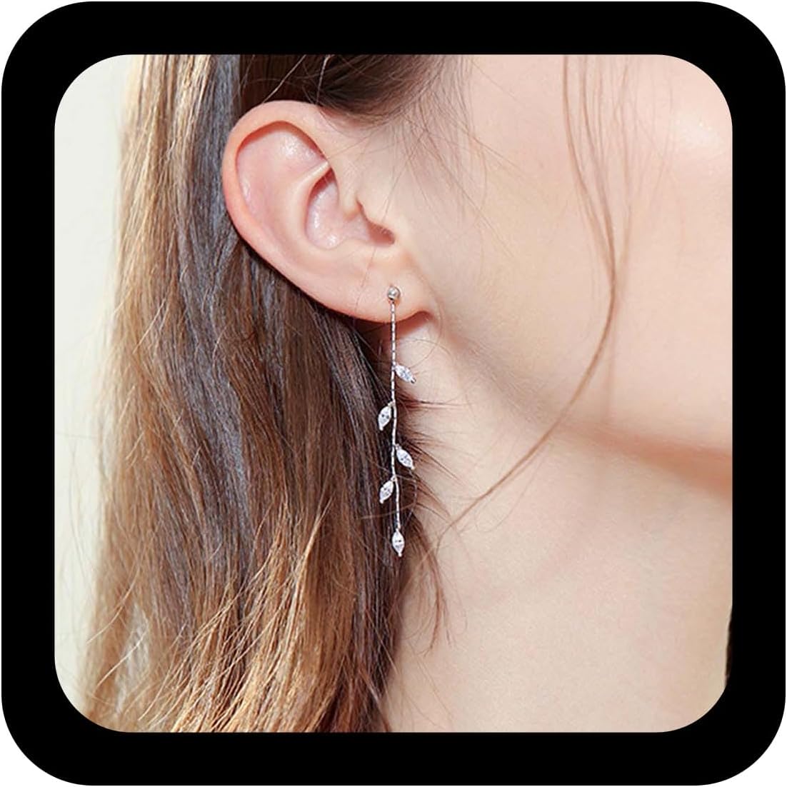 YienDoo Elegant Long Crystal Dangle Earrings Willow Leaf CZ Rhinestones Drop Earrings Silver Sparkling Leaves Chain Drop Prom Earrings Jewelry Gifts for Women