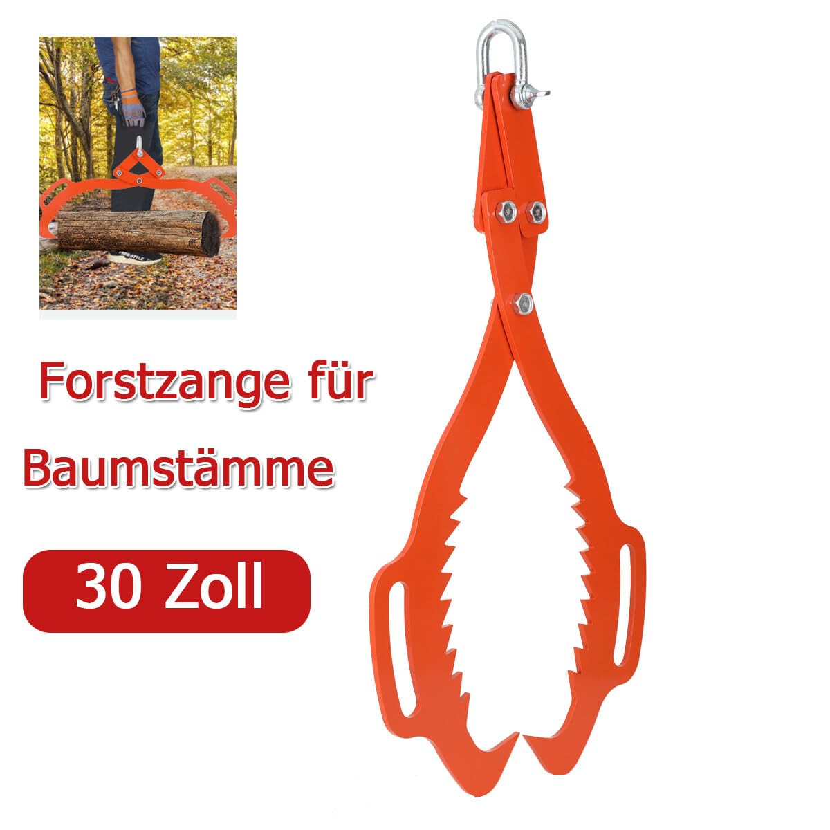 30 Zoll Forstzange für Baumstämme bis 762 mm, 500kg Zugkraft Rückezange Holzzange Holzgreifer, Hebezange mit 2 Klemmdornen zum Fassen und Transportieren von Holz
