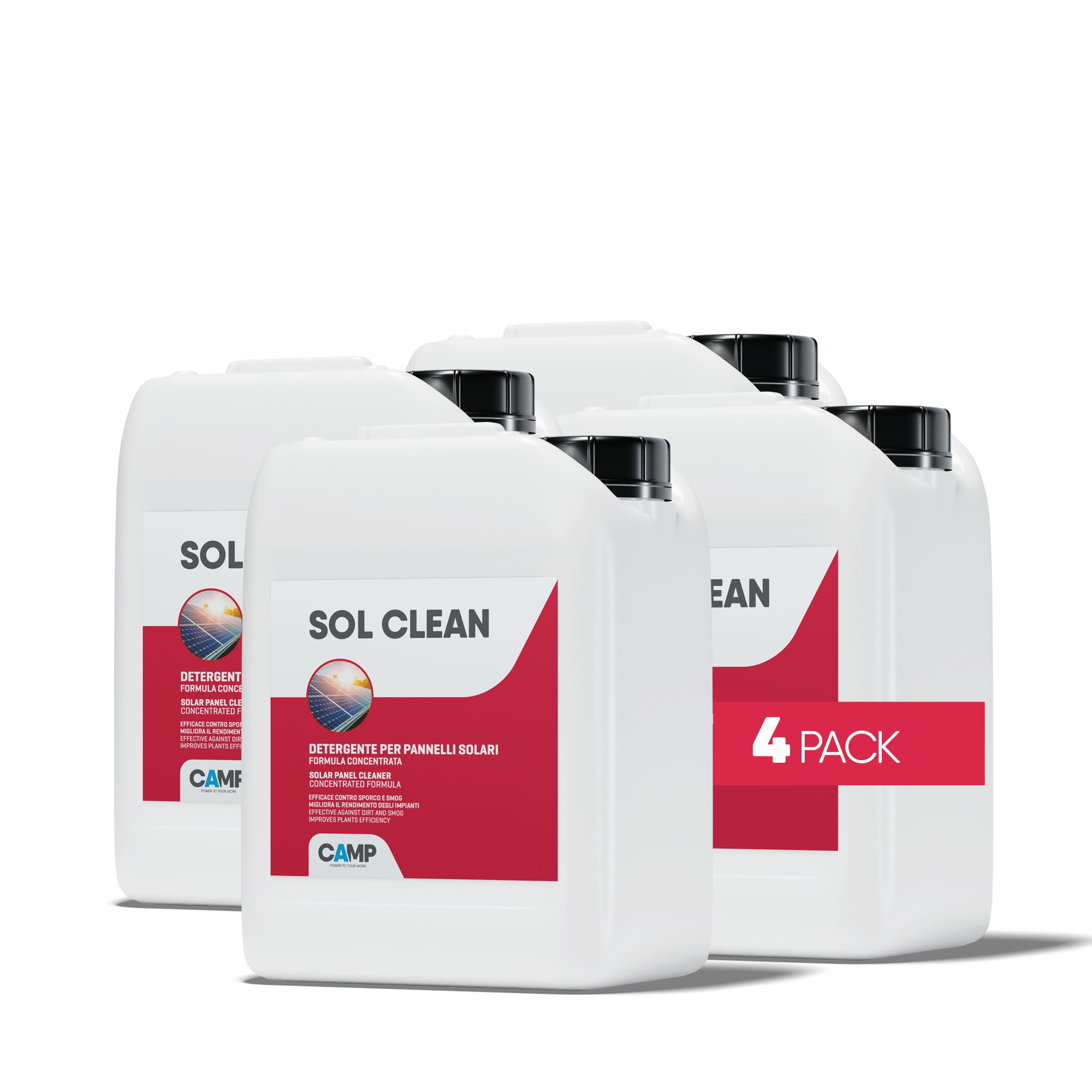 CAMP Sol Clean Concentrato - Detergente per Pannelli Solari, Pulizia Pannelli Fotovoltaici ad Asciugatura Rapida - Rimuove Sporco, Polveri, Smog e Calcare e Migliora il Rendimento Energetico, 4x5L