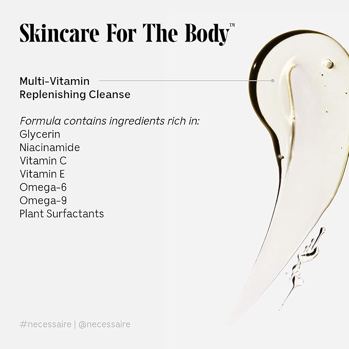 Nécessaire's Sandalwood Multi-Vitamin Gel Cleanser is a nourishing and softening body wash designed to gently cleanse your skin while providing essential vitamins and moisture. This hypoallergenic formula has been dermatologist-tested, making it suitable for all skin types, including sensitive skin.