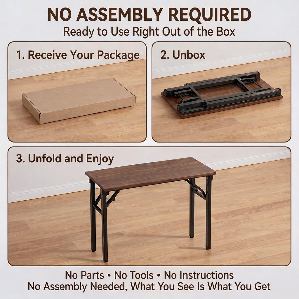Foldable Desk Folding Table - 35.8" Folding Desk for Small Spaces, No Assembly Stable Portable Computer Desk for Home Office Study, Foldable Table for Bedroom, Dark Walnut