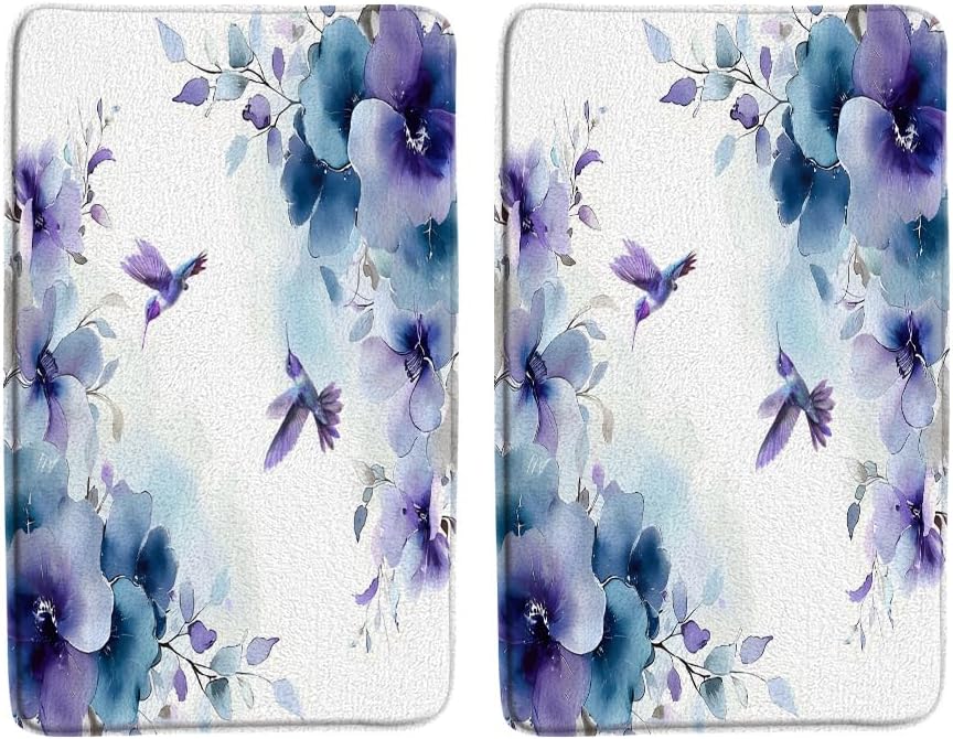 2PCS Retro Floral Bath Mat Blue Purple Flower Hummingbird Watercolor Spring Leaves Botanical Rustic Garden Scenery Bathroom Rug Microfiber Memory Foam Shower Mat Kitchen Bath Floor Rugs, 18x30 Inch