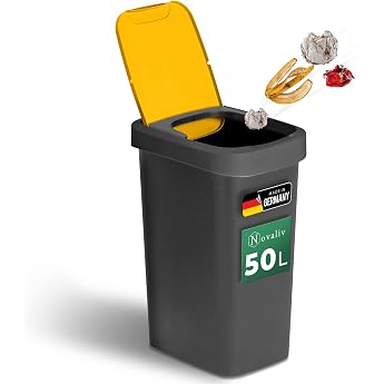 Novaliv Rubbish Bin 50 L with Swing Lid Yellow Waste Separation Bin for Yellow Sack & Packaging Recycled Waste Separation System Waste Container Kitchen Household Office Rubbish Bin Trash