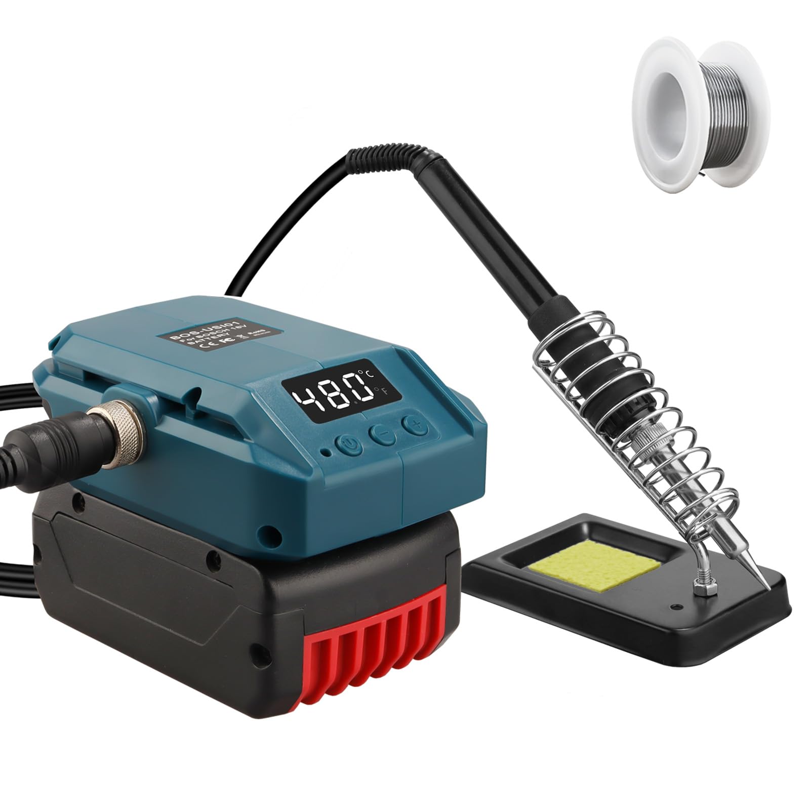 Battery Soldering Iron Set for Bosch 18V GBA Battery, Soldering Iron Stand Work for Bosch 18 V Battery, 60 W LCD Adjustable Temperature 180-480 °C Cordless Soldering Iron with 50 g Soldering Wire