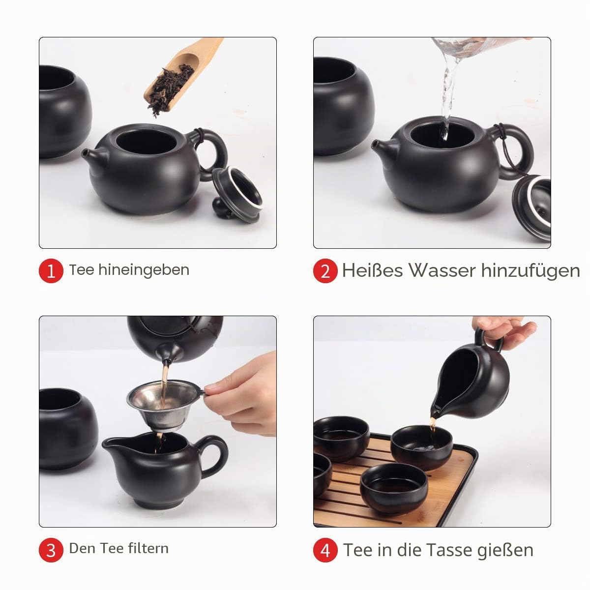 Chinesische Teekanne, Tassen-Set mit Tablett, Teesieb – Reise-Keramik-Teeservice aus Porzellan, tragbare All-in-One-Tasche für Outdoor, Picknick, Business, Hotel, Schwarz
