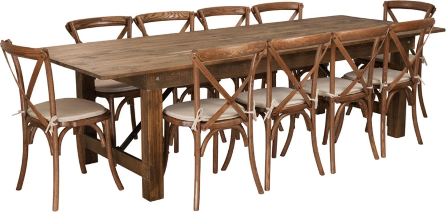 Flash Furniture HERCULES Series 9' x 40'' Antique Rustic Folding Farm Table Set with 10 Cross Back Chairs and Cushions