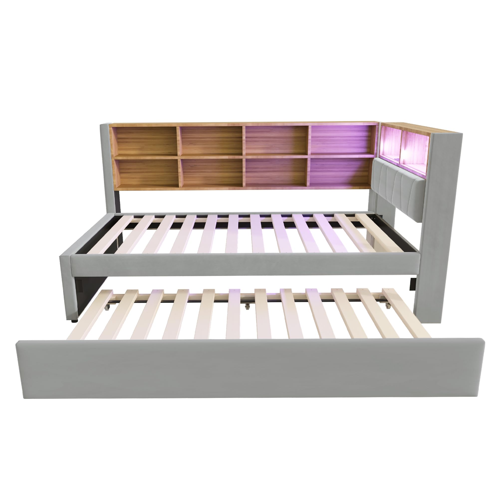 Tagesbett Schlafsofa 90x200 cm, Polsterbett Multifunktionsbett mit Ausziehbarem Bett 90x190 cm&USB-Steckdose&LED Leuchten& Mehreren Ablagefächern, Einzelbett mit Lattenrost, Ohne Matratze, Hellgrau