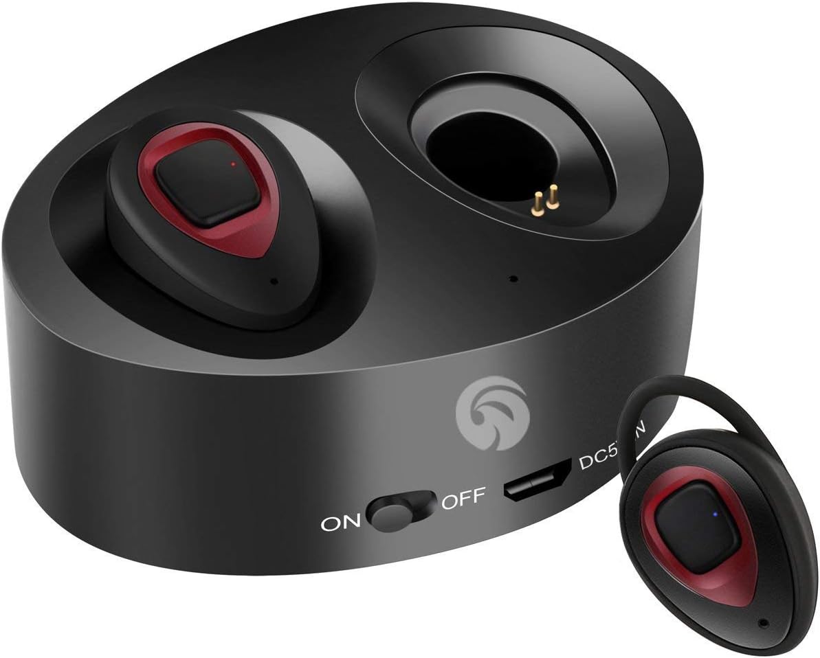 True Wireless Headphones,WOWOGO Bluetooth Headphones Sweatproof Sport Earbuds in-Ear Noise Cancelling Earphone with Built-in Mic and Charging Station for iPhone iPad Samsung (K5-red)