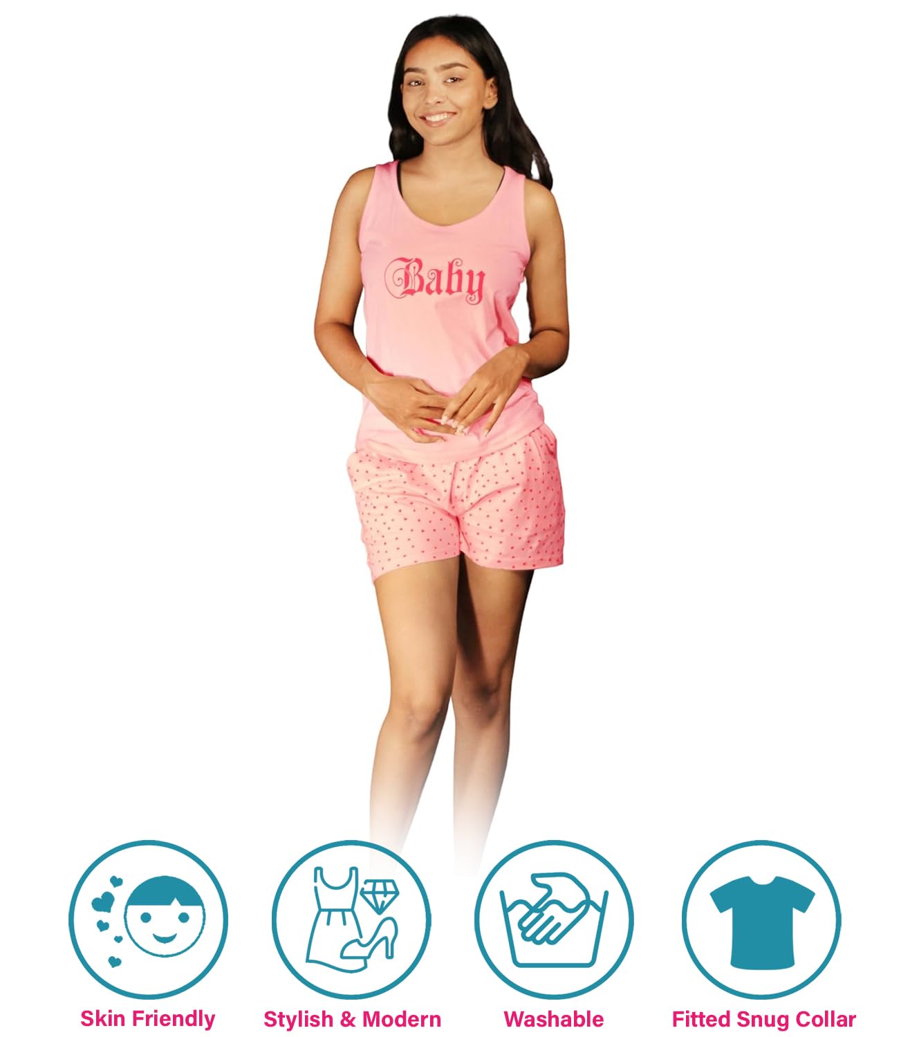 Hestia |Co-Ord Cotton Night Suit for Women| Co-Ord Night Wear Dress Set with Shorts and Tops & T-Shirt | Breathable Fabric | Shrink Free Night Dress Material | Baby Heart Printed | Pink | M | Set 1 - Image 8 thumbnail