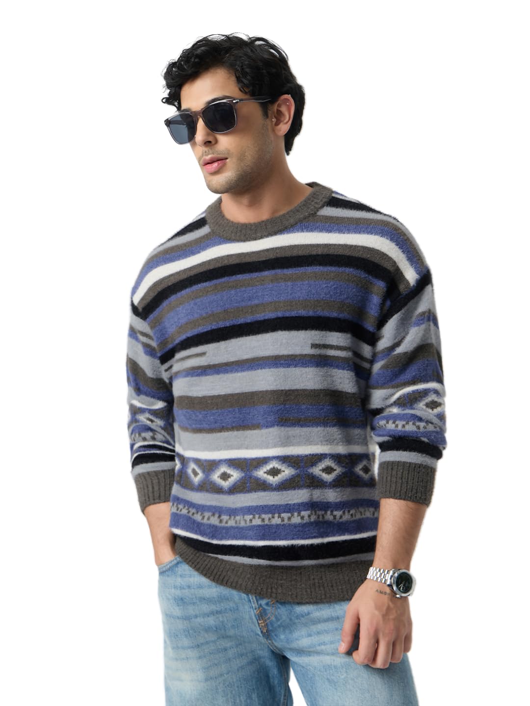 the souled store Aztec Stripe Men and Boys Full Sleeves Round Neck Grey Striped Acrylic Nylon Lightweight Drop Shoulder Streetwear Trendy Casual Oversized Pullover Sweater-picture-34