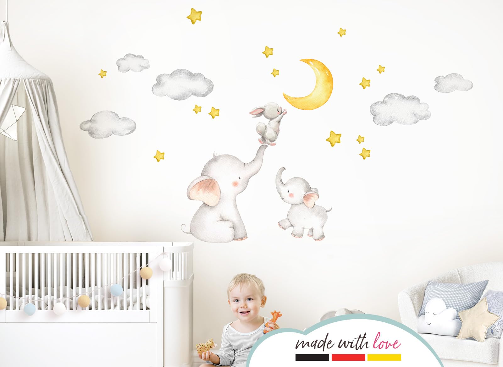 Little Deco Wandtattoo Babyzimmer Elefant und Hase mit Mond und Sternen I 163 x 95 cm (BxH) I Kinderbilder Deko Kinderzimmer Mädchen Aufkleber Junge Sticker DL463