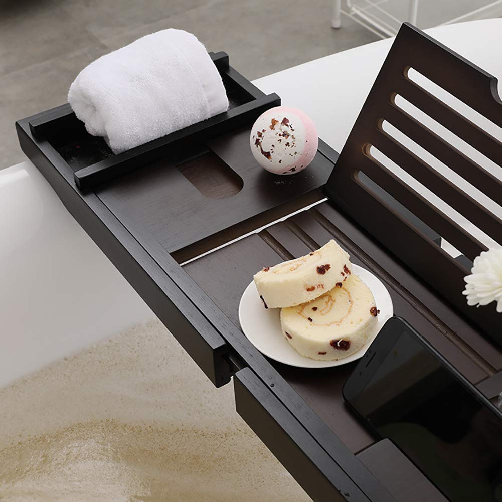 Bandeja de bambú para bañera con soporte para libros, soporte para copas de vino y ranura para iPad, color negro, accesorios de baño duraderos