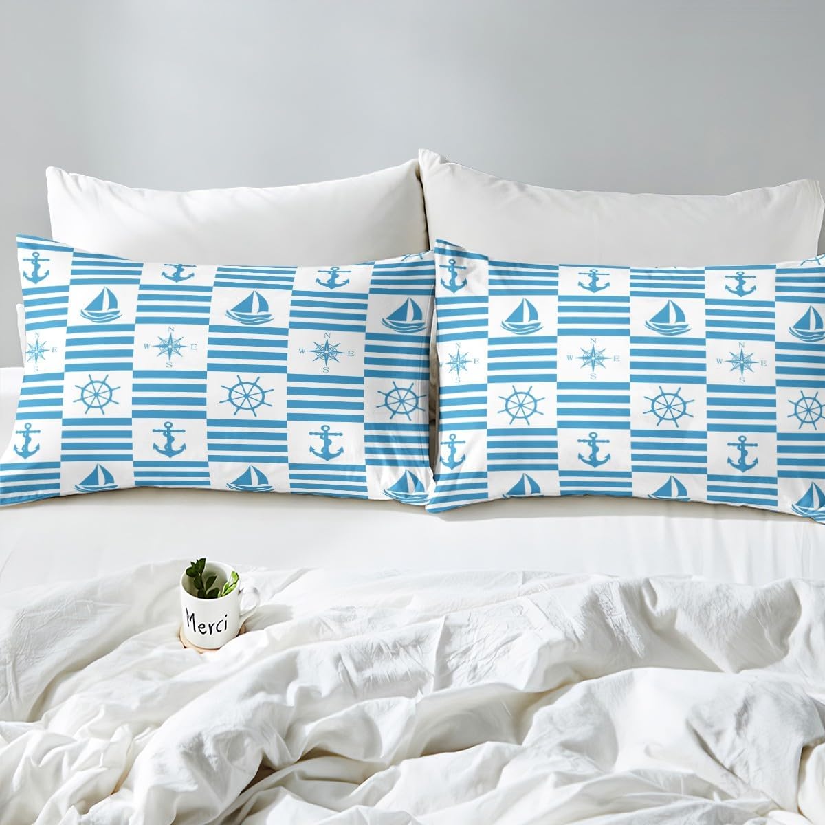 jejeloiu Boys Girls Anchor Duvet Cover Toddler Size, Ocean Bedding Set Blue Striped Comforter Cover Kids Teens Bedroom Decor Bed Set with 1 Pillow Case (No Comforter)