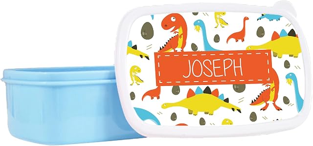Print Maniac Personalised Lunch Box Orange Dinosaur School Sandwich Kids Picnic Snack Food Bag Children's Travel Girls Boys Toddler Box Tub Pack Box (Blue, Add Name)