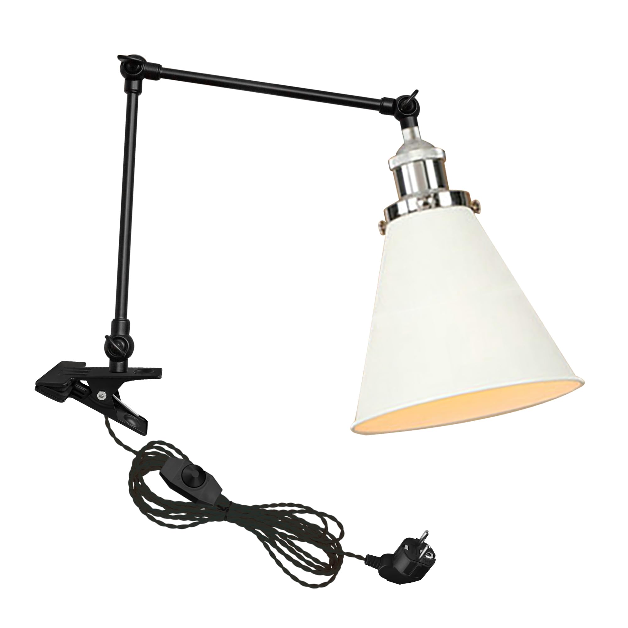 Industrial Klemmleuchte mit 2,5 Schalterkabel, Einstellbar Clip auf Schreibtisch Leselampe,Dimmbar Clamp Nachttischlampe mit Flexarm für Schreibtisch Nachttisch Regal- TD/0132S&W