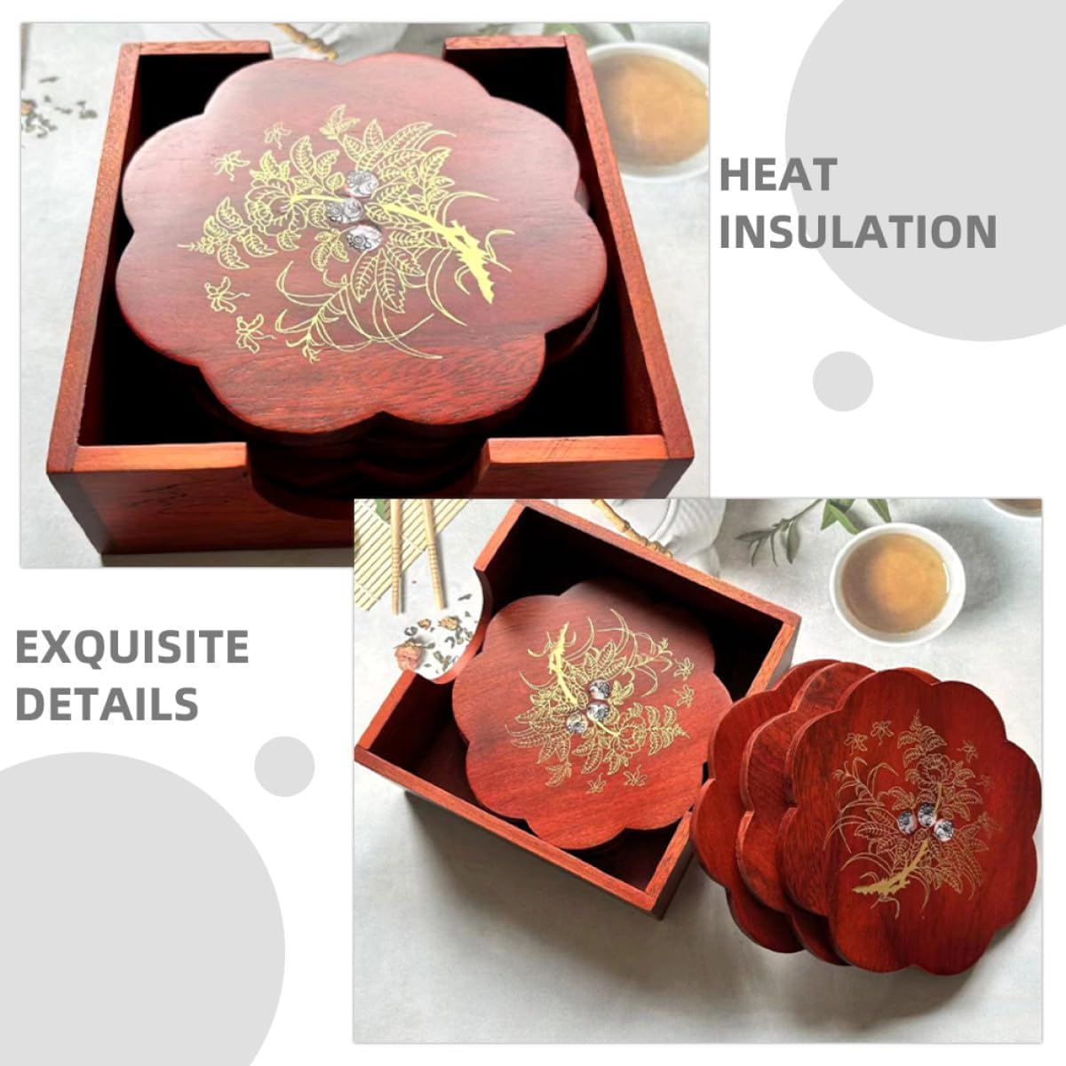 Redwood Wood Trivets Pot Holder Set with Storage Box, 6pcs Heat Insulation Pads Non-Slip Rustic Kitchen Gadget for Hot Dishes and Desk Coasters