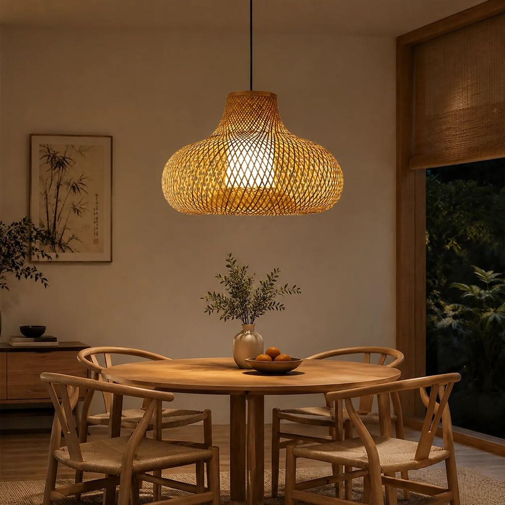 XQIDIANAA Bamboo Boho Pendant Light, Adjustable Farmhouse Chandelier Light Fixture with Wicker Lampshade, Woven Hanging Pendant Lamp for Kitchen Island, Bedroom, Living Room