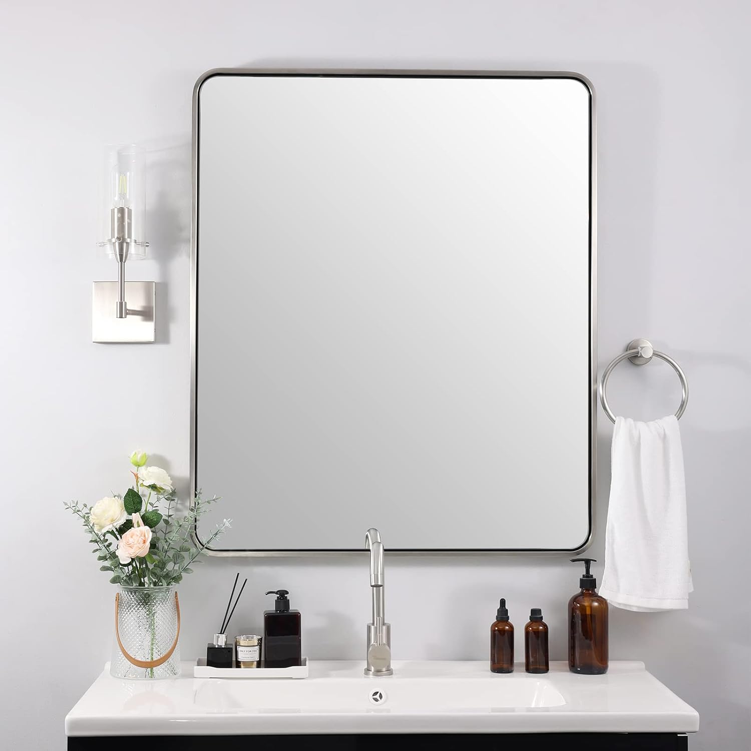 ANDY STAR Brushed Nickel Bathroom Mirror, 30x36’’ Rounded