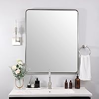 Vista 23 de ANDY STAR - Espejo de latón para baño, espejo rectangular redondeado de 22x30 pulgadas con marco de metal cepillado dorado, espejo de tocador