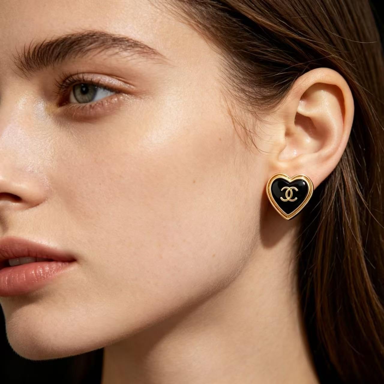 Designer Inspired Luxury Heart Stud Earrings Gold Plated Black Enamel Love Heart Earrings Dainty & Elegant Statement Jewelry for Sensitive Ears
