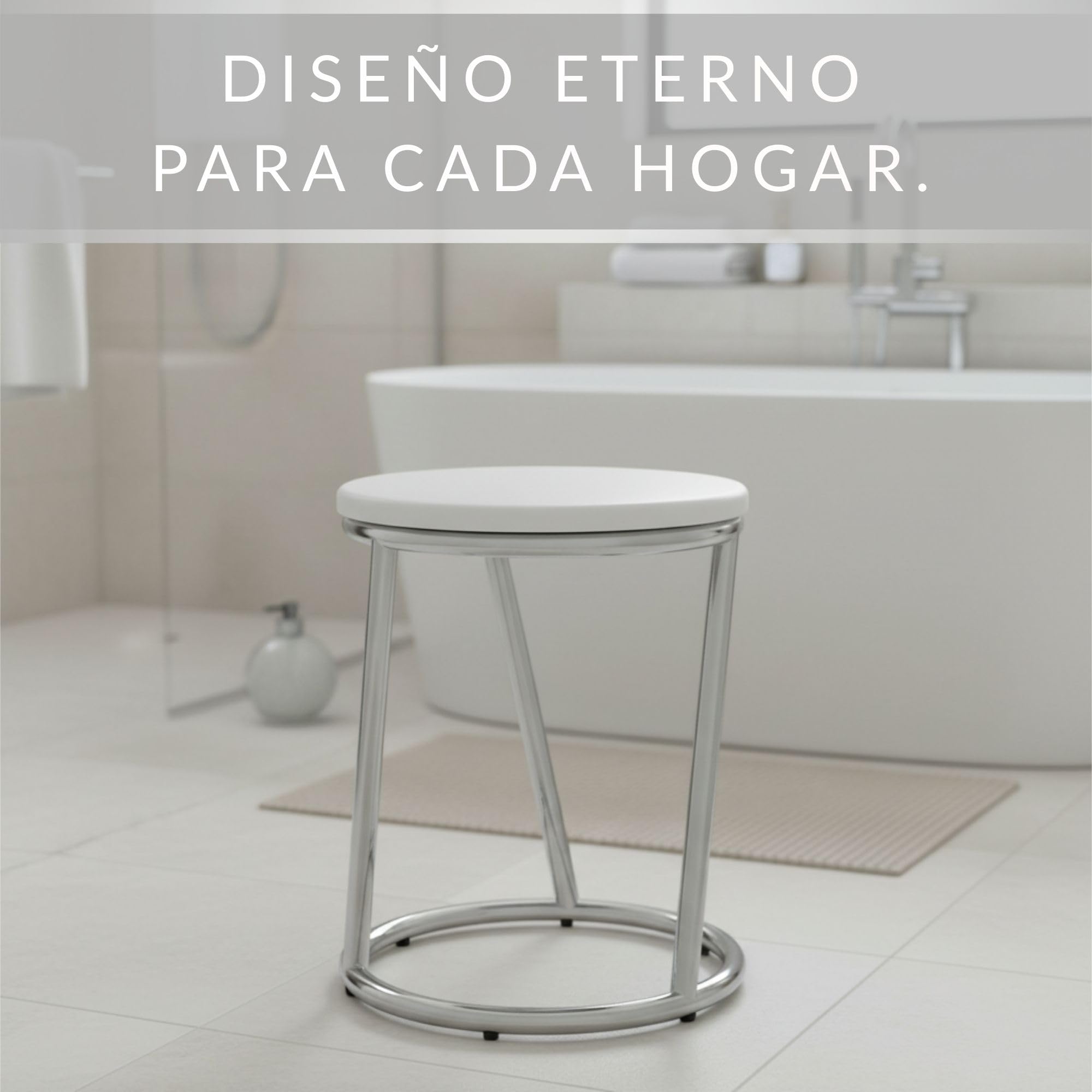 Taburete de Baño Salina – Taburete Redondo de Metal Cromado Brillante – Taburete Robusto con Asiento Blanco Diseño Bar – Taburete Multiusos Baño y Cocina