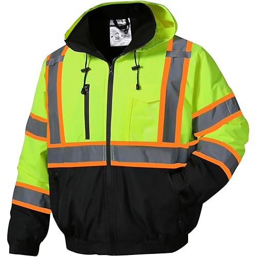 SKSAFETY High Visibility Reflective Jackets for Men, Waterproof Class 3 Safety Jacket with Pockets, Hi Vis Yellow Coats with Black Bottom, Mens Work Construction Coats for Cold Weather, XL,Yellow