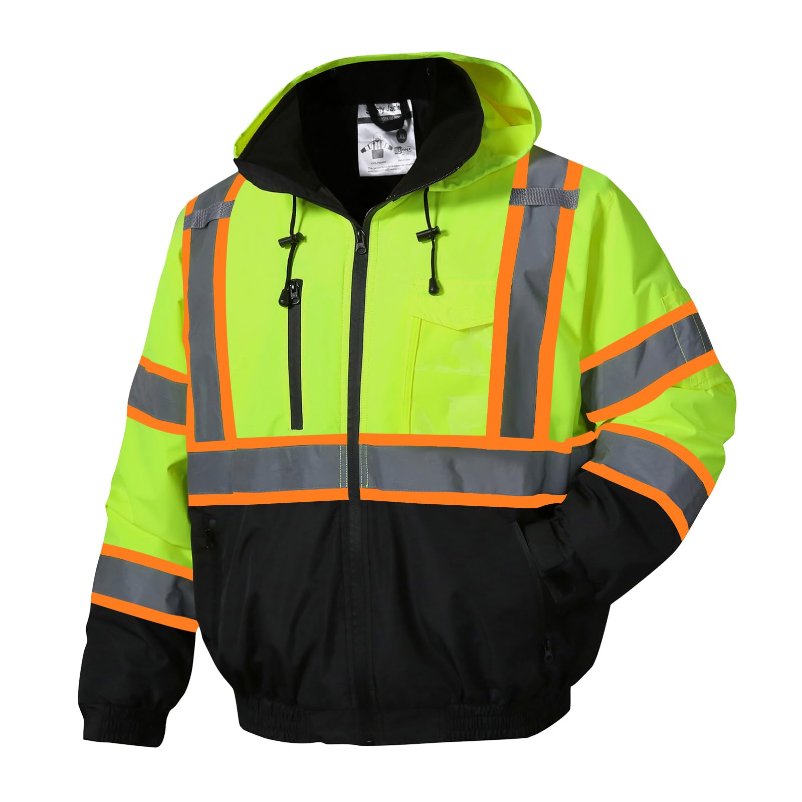 SKSAFETY Hi Vis Safety Bomber Jacket for Men, High Visibility Winter Coat | ANSI/ISEA 107 Class 3, Waterproof PU-coated 300D Oxford, 360° reflective strips, bomber jacket for cold-weather construction