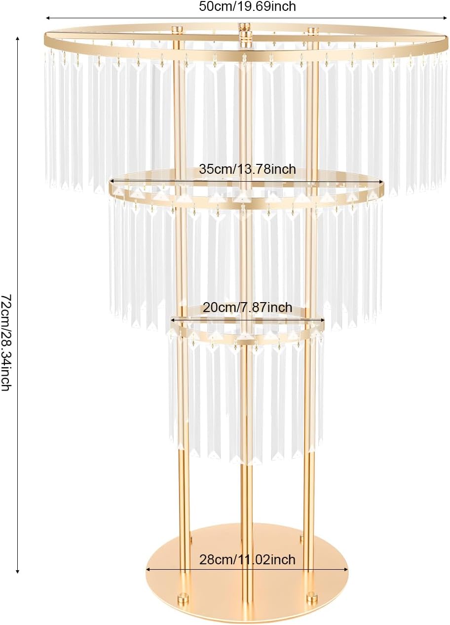 Crystal Flower Stand, 3-Tier Wedding Gold Vases Centerpieces with Hanging Crystals, Round Chandelier Pedestal Stand for Wedding, Reception & Party Decoration