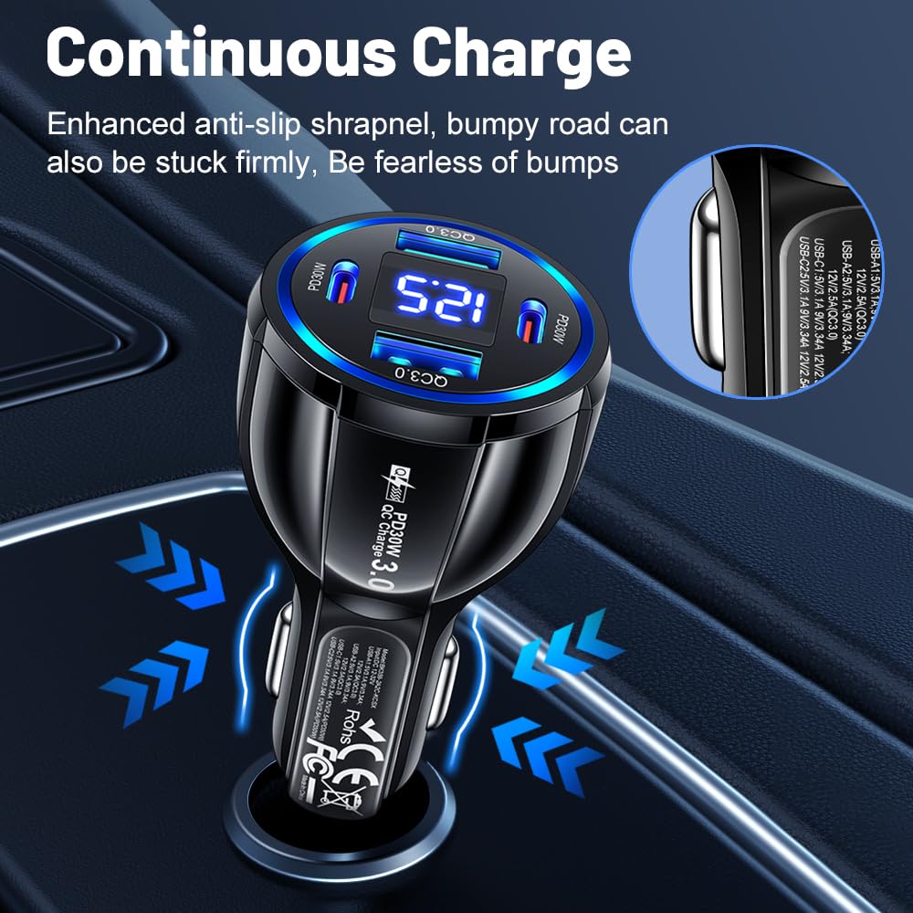 Alanph USB C Car Phone Charger Adapter with Voltmeter Compatible with iPhone 16 15 14 13 12 11, Android, Samsung, 100W 4 in 1 Multi-Port Fast Charging Cigarette Lighter USB Charger (Black)